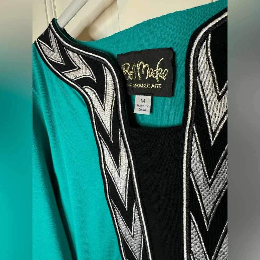 Bob Mackie Wearable Art teal tunic top w/ black and white embellishments Size M - Picture 3 of 12